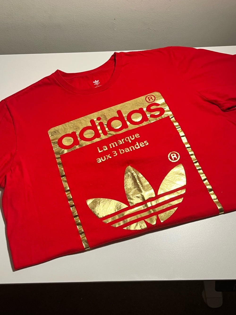 Adidas Red Tee with Metallic Gold Trefoil Graphic